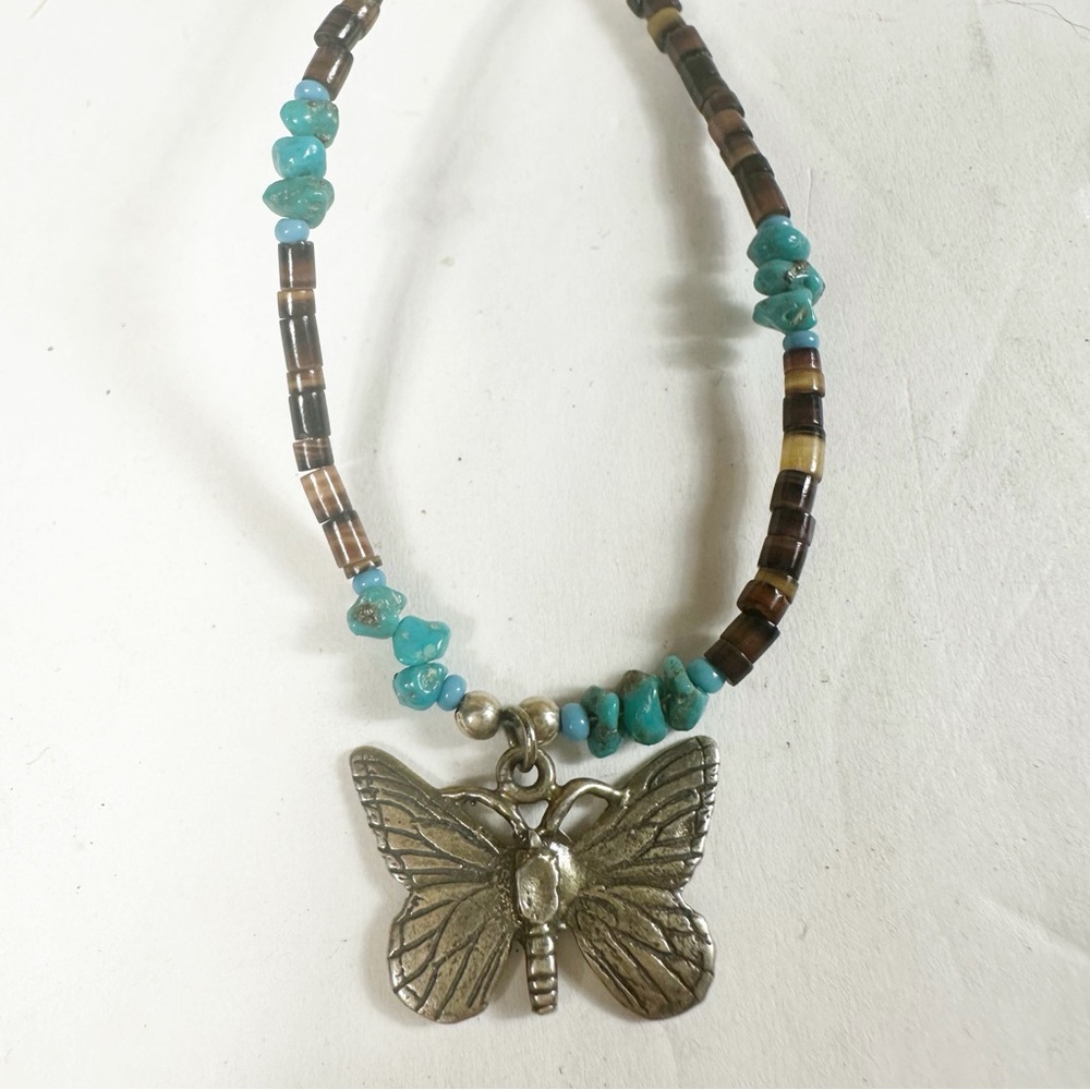 Vintage Y2K Beaded Butterfly Necklace Brown Blue Silver Tone 90s Boho Rave